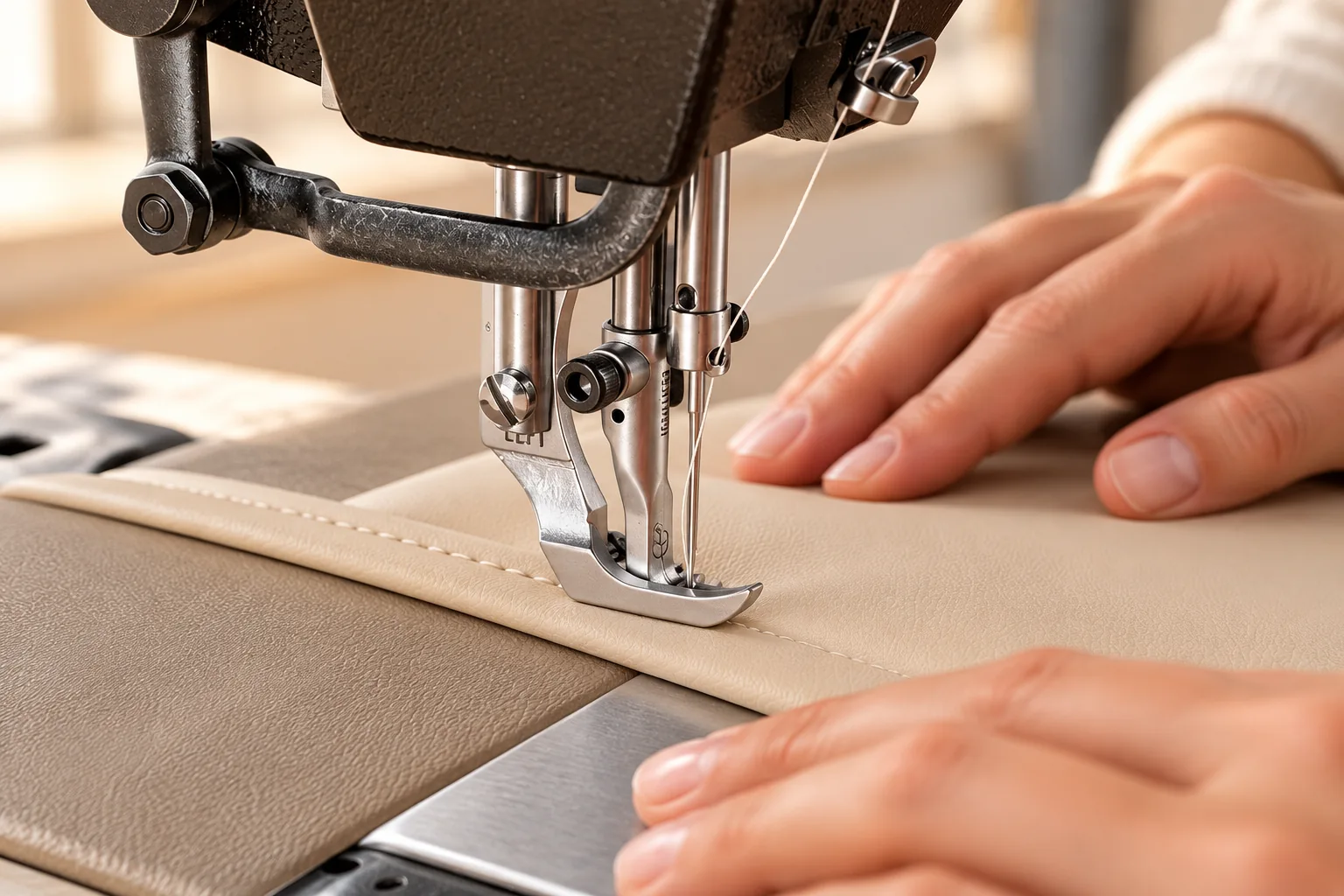 female hands guiding flat marine vinyl under an industrial sewing machine foot