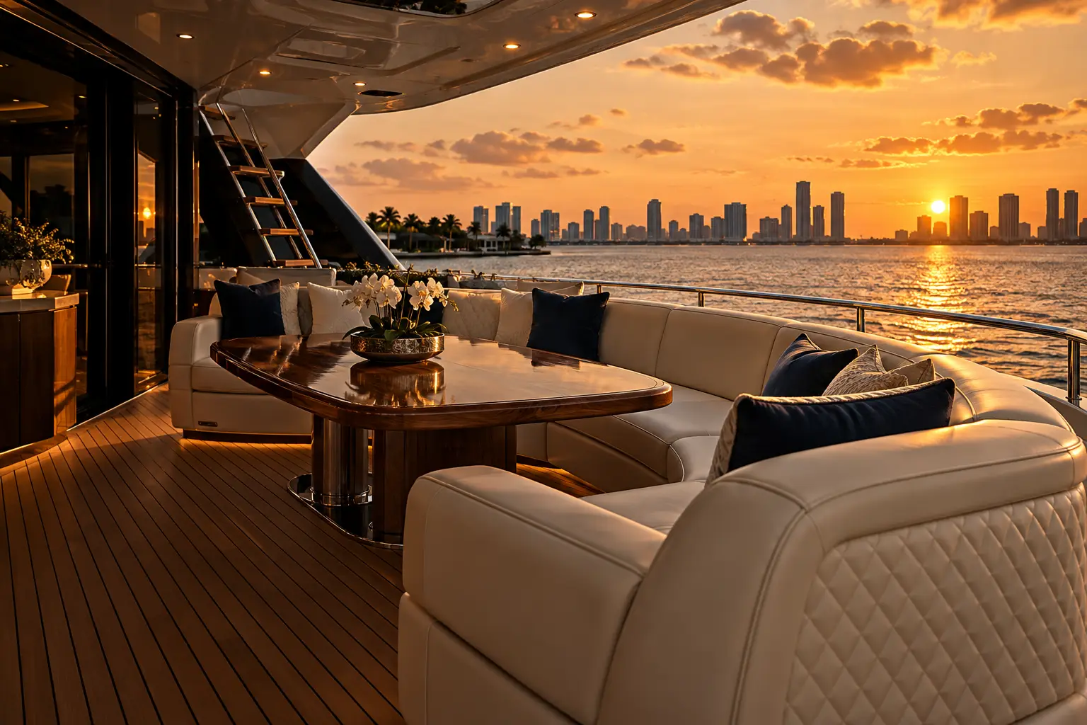 cream yacht lounge overlooking the Miami waterfront at sunset